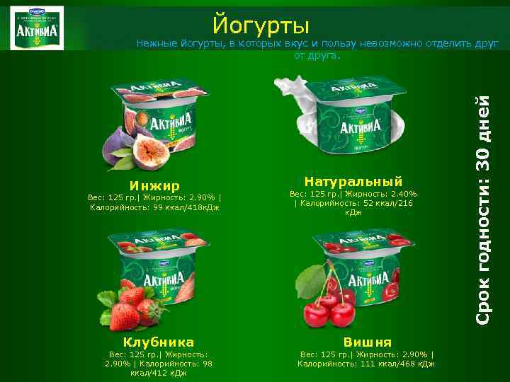 Йогурты Инжир Вес: 125 гр. | Жирность: 2. 90% | Калорийность: 99 ккал/418 к.