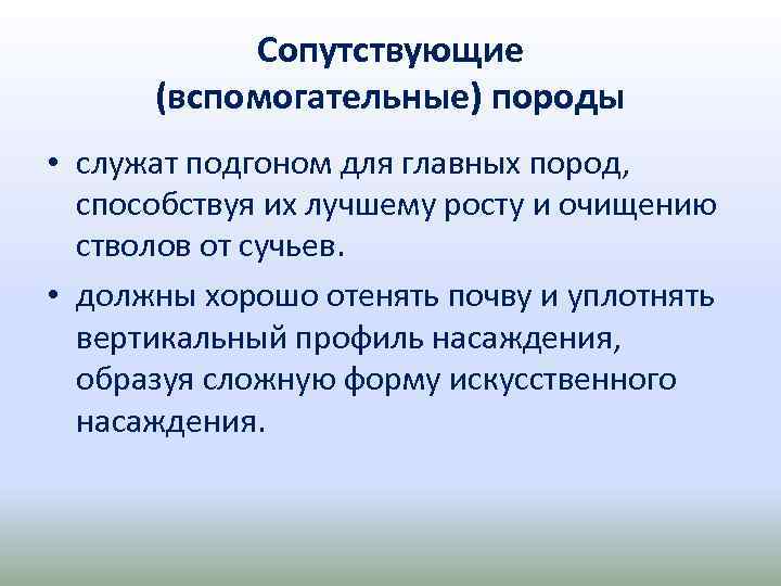 Сопутствующие (вспомогательные) породы • служат подгоном для главных пород, способствуя их лучшему росту и