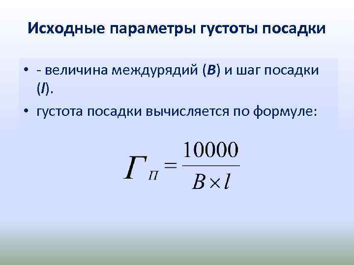 Исходные параметры густоты посадки • величина междурядий (В) и шаг посадки (l). • густота