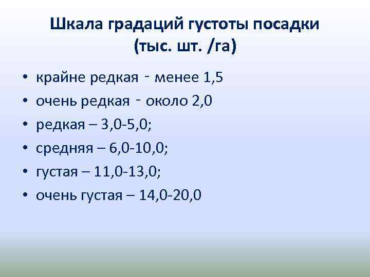 Шкала градаций густоты посадки (тыс. шт. /га) • • • крайне редкая ‑ менее