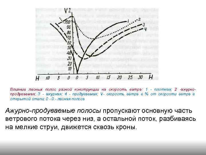 Влияние лесных полос разной конструкции на скорость ветра: 1 - плотная; 2 -ажурнопродуваемая; 3