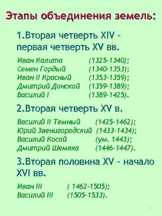 Этапы объединения земель: 1. Вторая четверть XIV – первая четверть XV вв. Иван Калита