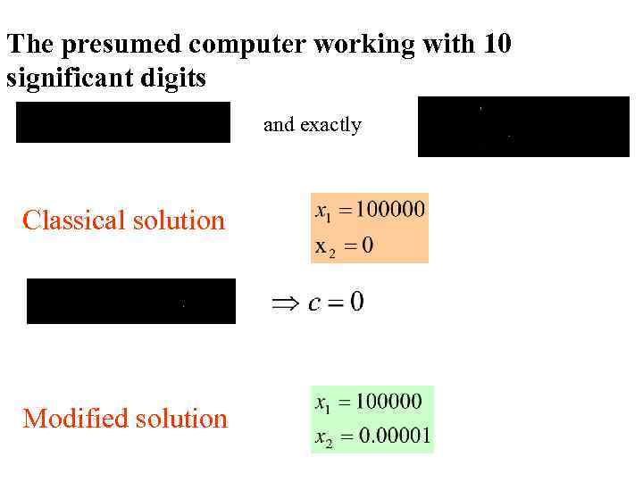 The presumed computer working with 10 significant digits and exactly Classical solution Modified solution