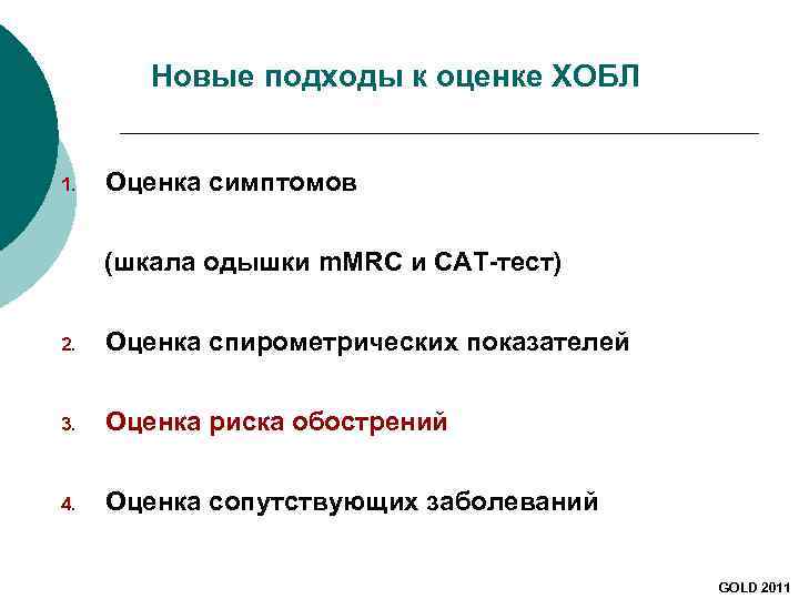 Новые подходы к оценке ХОБЛ 1. Оценка симптомов (шкала одышки m. MRC и САТ-тест)