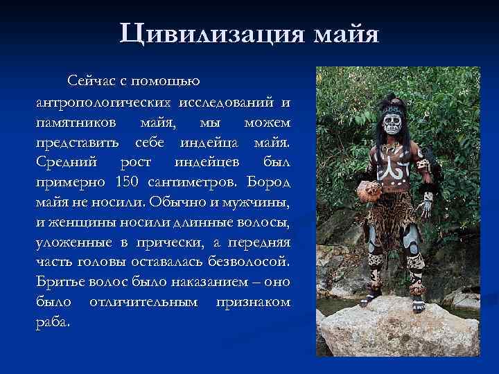 Цивилизация майя Сейчас с помощью антропологических исследований и памятников майя, мы можем представить себе