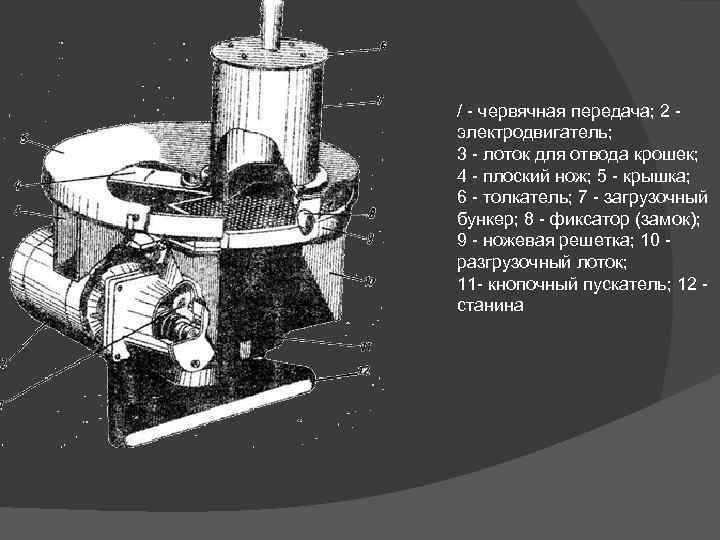 / червячная передача; 2 электродвигатель; 3 лоток для отвода крошек; 4 плоский нож; 5