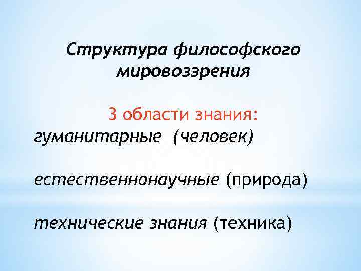 Структура философского мировоззрения 3 области знания: гуманитарные (человек) естественнонаучные (природа) технические знания (техника) 