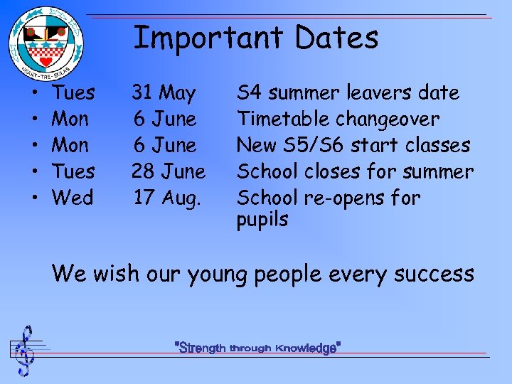 Important Dates • • • Tues Mon Tues Wed 31 May 6 June 28