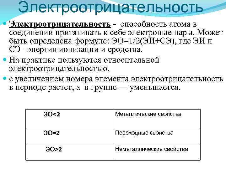 Электроотрицательность - способность атома в соединении притягивать к себе электроные пары. Может быть определена