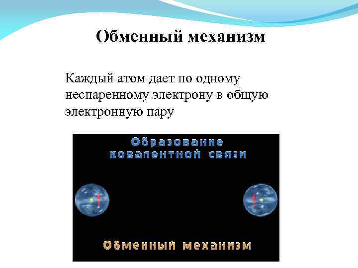 Обменный механизм Каждый атом дает по одному неспаренному электрону в общую электронную пару 