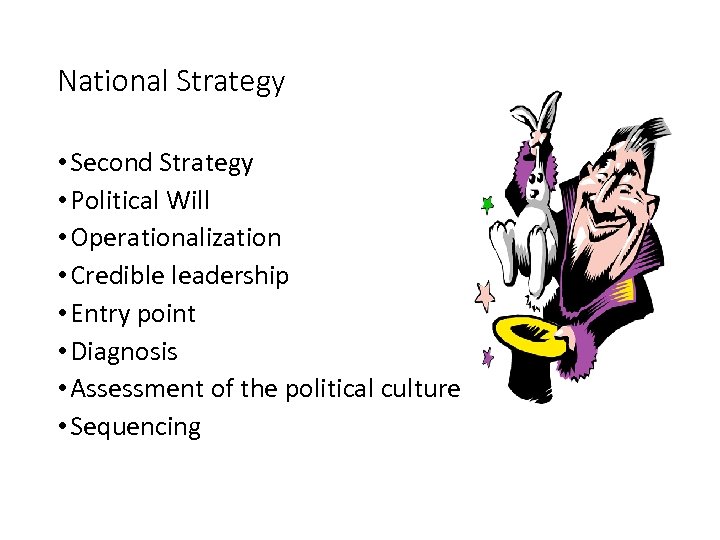 National Strategy • Second Strategy • Political Will • Operationalization • Credible leadership •