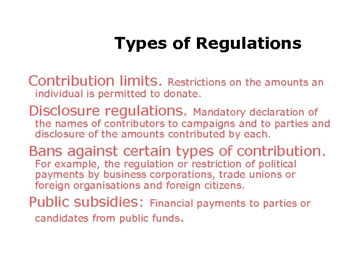 Types of Regulations Contribution limits. Restrictions on the amounts an individual is permitted to