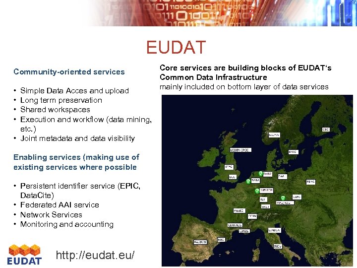 EUDAT Community-oriented services • • Simple Data Acces and upload Long term preservation Shared