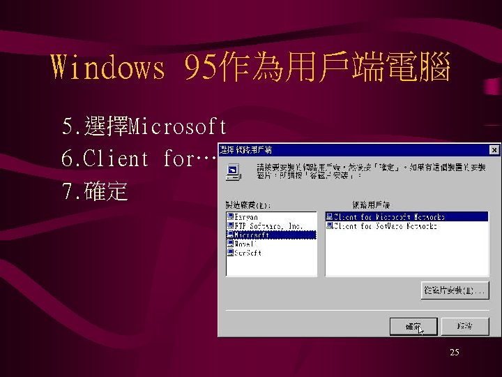Windows 95作為用戶端電腦 5. 選擇Microsoft 6. Client for… 7. 確定 25 