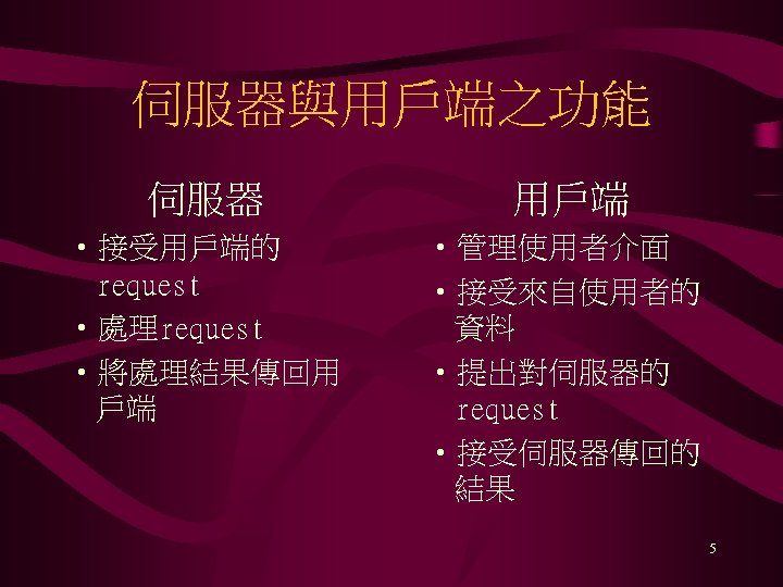 伺服器與用戶端之功能 伺服器 用戶端 • 接受用戶端的 request • 處理request • 將處理結果傳回用 戶端 • 管理使用者介面 •