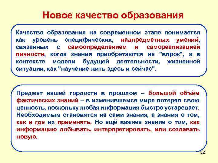 Новое качество образования Качество образования на современном этапе понимается как уровень специфических, надпредметных умений,
