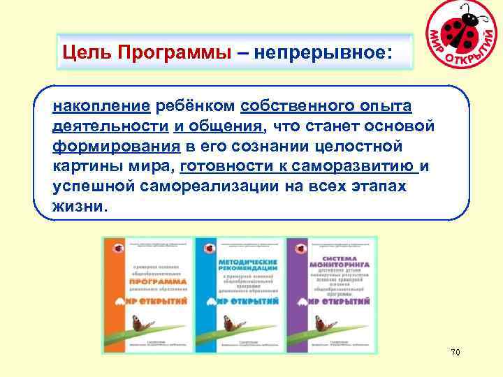 Цель Программы – непрерывное: накопление ребёнком собственного опыта деятельности и общения, что станет основой