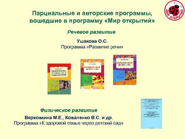 Парциальные и авторские программы, вошедшие в программу «Мир открытий» Речевое развитие Ушакова О. С.
