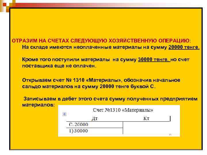 ОТРАЗИМ НА СЧЕТАХ СЛЕДУЮЩУЮ ХОЗЯЙСТВЕННУЮ ОПЕРАЦИЮ: На складе имеются неоплаченные материалы на сумму 20000