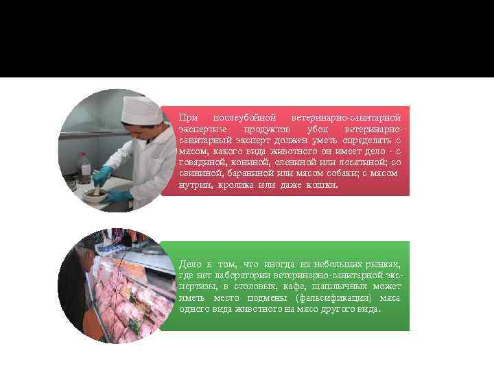 При послеубойной ветеринарно-санитарной экспертизе продуктов убоя ветеринарносанитарный эксперт должен уметь определять с мясом, какого