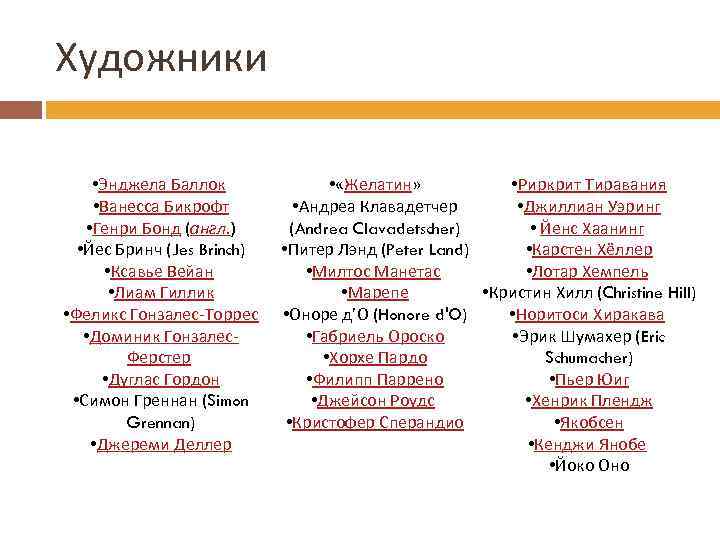 Художники • Энджела Баллок • Ванесса Бикрофт • Генри Бонд (англ. ) • Йес