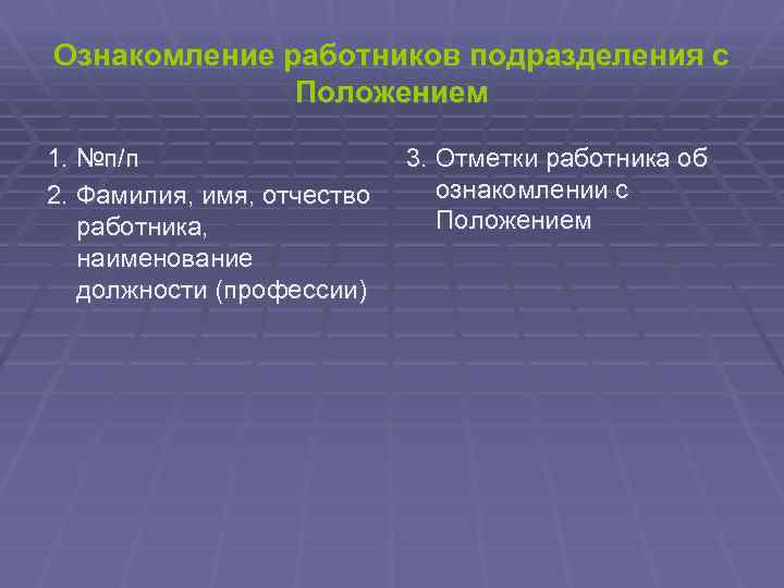 Ознакомление работников подразделения с Положением 1. №п/п 2. Фамилия, имя, отчество работника, наименование должности