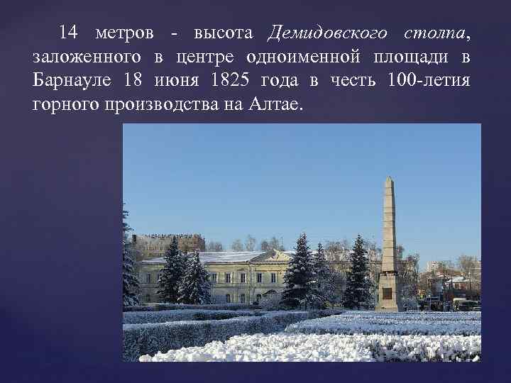 14 метров - высота Демидовского столпа, заложенного в центре одноименной площади в Барнауле 18