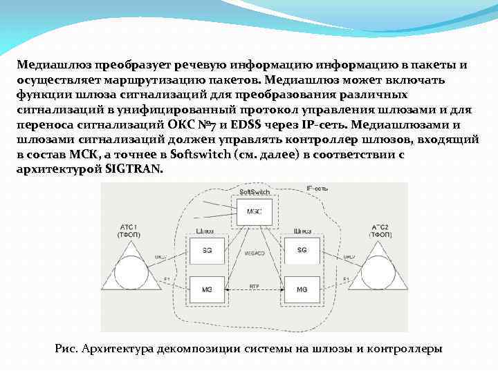 Медиашлюз преобразует речевую информацию в пакеты и осуществляет маршрутизацию пакетов. Медиашлюз может включать функции