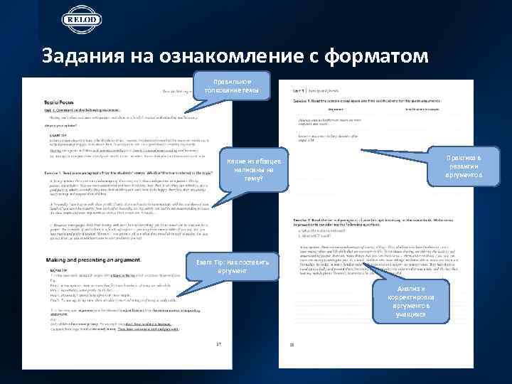 Задания на ознакомление с форматом Правильное толкование темы Практика в развитии аргументов Какие из