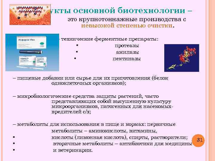 Продукты основной биотехнологии – это крупнотоннажные производства с невысокой степенью очистки. – технические ферментные