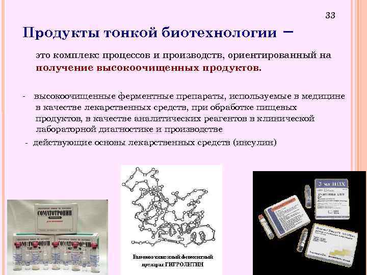 Продукты тонкой биотехнологии – 33 это комплекс процессов и производств, ориентированный на получение высокоочищенных