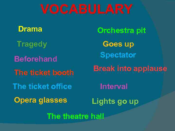 VOCABULARY Drama Orchestra pit Tragedy Beforehand The ticket booth Goes up Spectator Break into