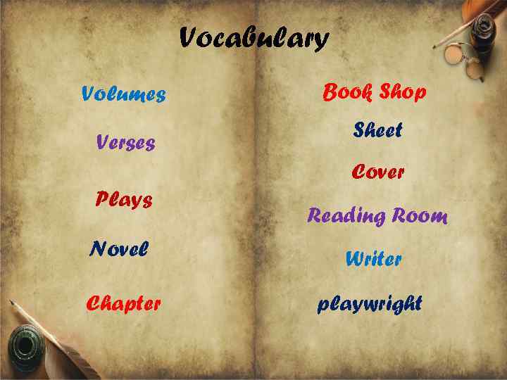 Vocabulary Volumes Verses Book Shop Sheet Cover Plays Reading Room Novel Writer Chapter playwright