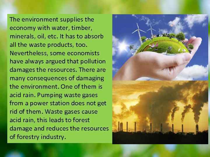 The environment supplies the economy with water, timber, minerals, oil, etc. It has to