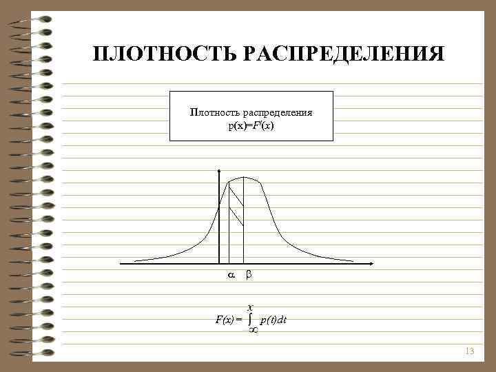 ПЛОТНОСТЬ РАСПРЕДЕЛЕНИЯ Плотность распределения p(x)=F/(x) F(x)= p(t)dt 13 