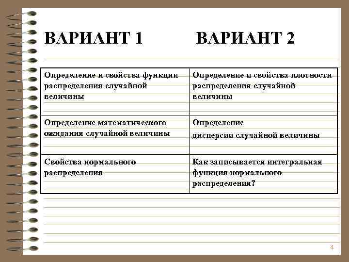 ВАРИАНТ 1 ВАРИАНТ 2 Определение и свойства функции распределения случайной величины Определение и свойства