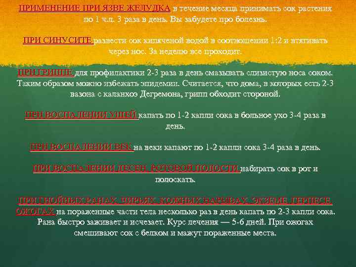 ПРИМЕНЕНИЕ ПРИ ЯЗВЕ ЖЕЛУДКА в течение месяца принимать сок растения по 1 ч. л.