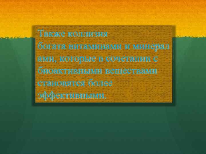 Также коллизия богата витаминами и минерал ами, которые в сочетании с биоактивными веществами становятся