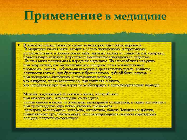 Применение в медицине В качестве лекарственного сырья используют лист мяты перечной. В медицине листья