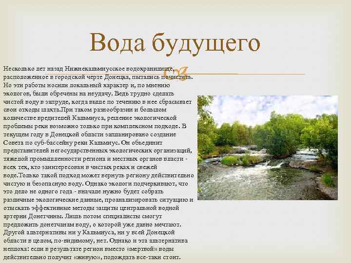 Вода будущего Несколько лет назад Нижнекальмиусское водохранилище, расположенное в городской черте Донецка, пытались почистить.