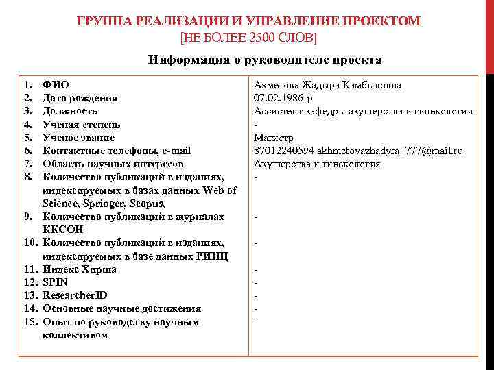 ГРУППА РЕАЛИЗАЦИИ И УПРАВЛЕНИЕ ПРОЕКТОМ [НЕ БОЛЕЕ 2500 СЛОВ] Информация о руководителе проекта 1.