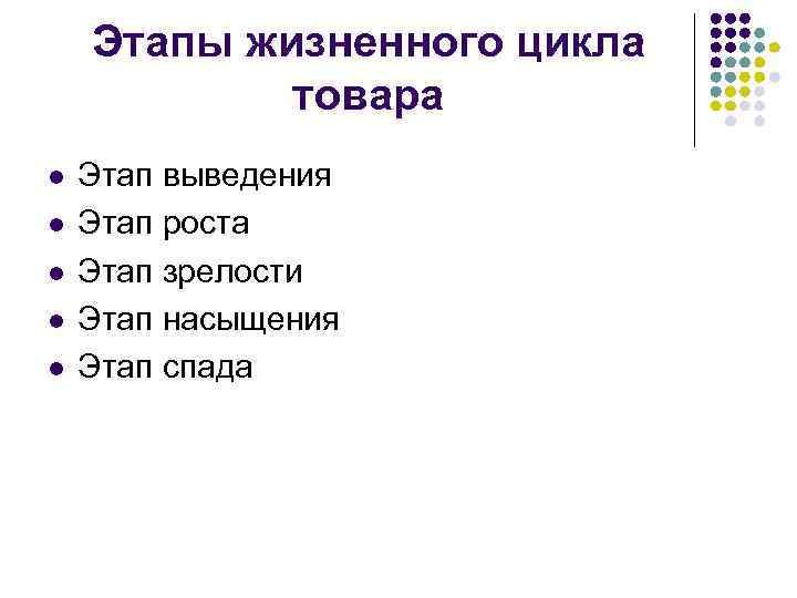 Этапы жизненного цикла товара l l l Этап выведения Этап роста Этап зрелости Этап