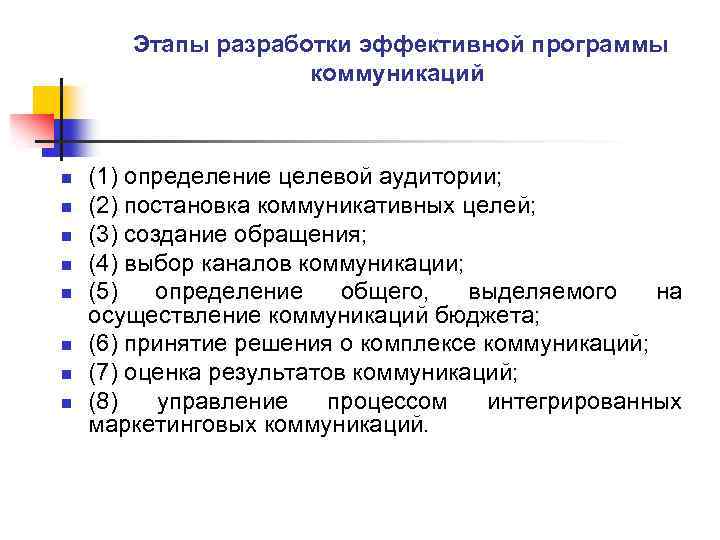 Этапы разработки эффективной программы коммуникаций n n n n (1) определение целевой аудитории; (2)