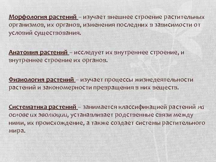 Морфология растений – изучает внешнее строение растительных организмов, их органов, изменения последних в зависимости