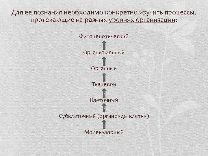 Для ее познания необходимо конкретно изучить процессы, протекающие на разных уровнях организации: Фитоценотический Организменный