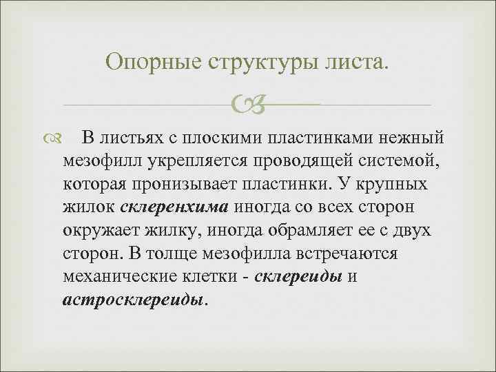 Опорные структуры листа. В листьях с плоскими пластинками нежный мезофилл укрепляется проводящей системой, которая
