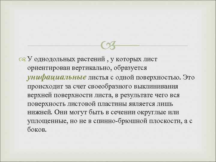  У однодольных растений , у которых лист ориентирован вертикально, образуется унифациальные листья с