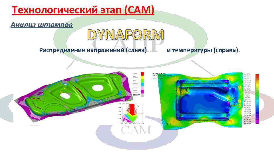 Технологический этап (CAM) Анализ штампов DYNAFORM Распределение напряжений (слева) и температуры (справа). 