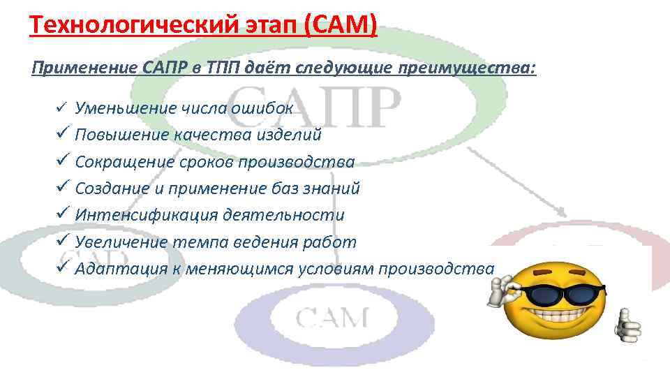 Технологический этап (CAM) Применение САПР в ТПП даёт следующие преимущества: ü Уменьшение числа ошибок