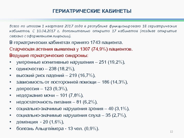 ГЕРИАТРИЧЕСКИЕ КАБИНЕТЫ Всего по итогам 1 квартала 2017 года в республике функционировало 18 гериатрических